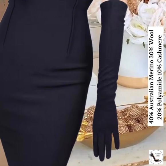 Long Cashmere Merino Wool Glove Classical Black Opera Driving Winter Warm Gloves - Picture 1 of 8